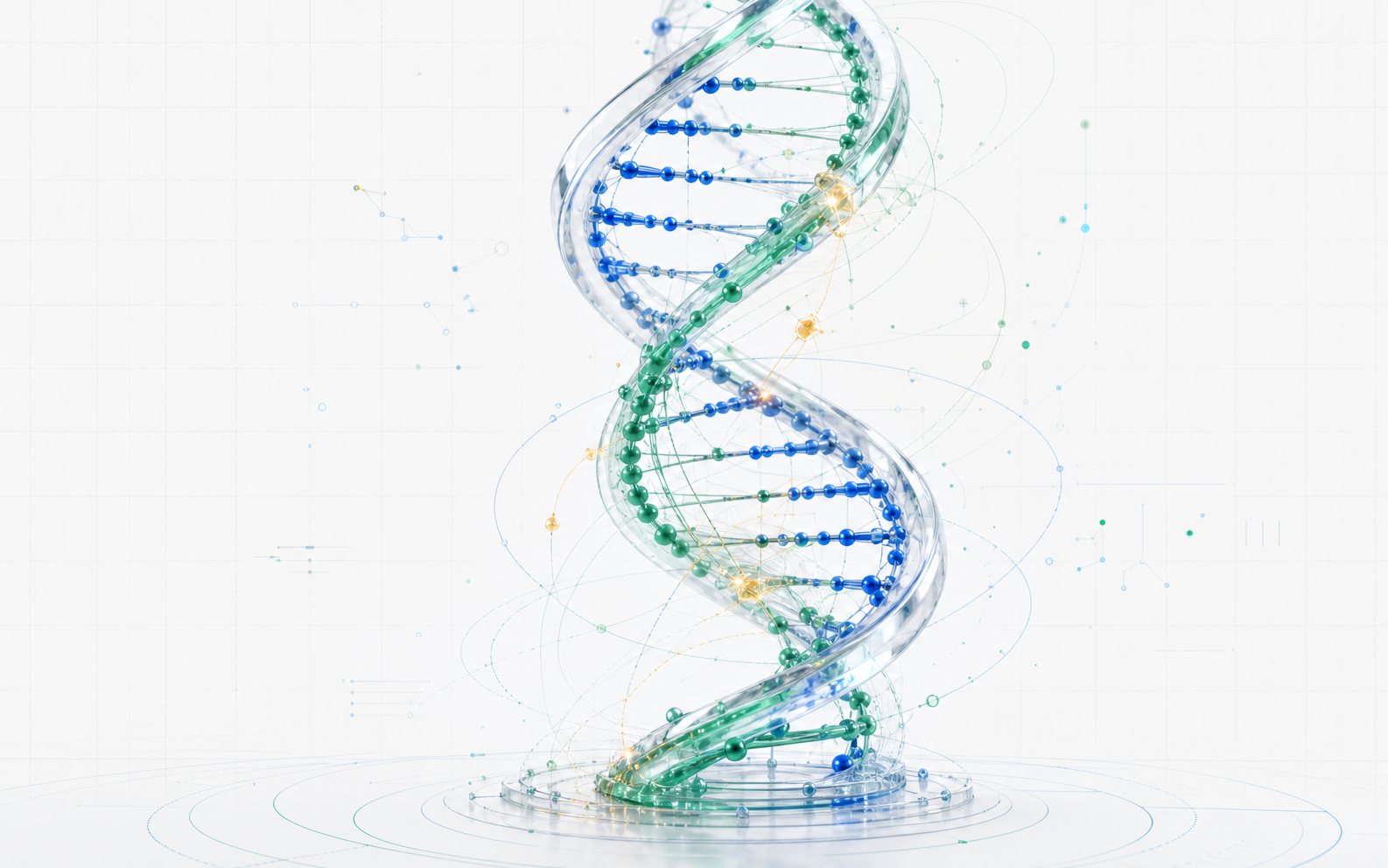 A glass-like genomic double helix with blue and green strands, signal nodes, and orbital data paths.