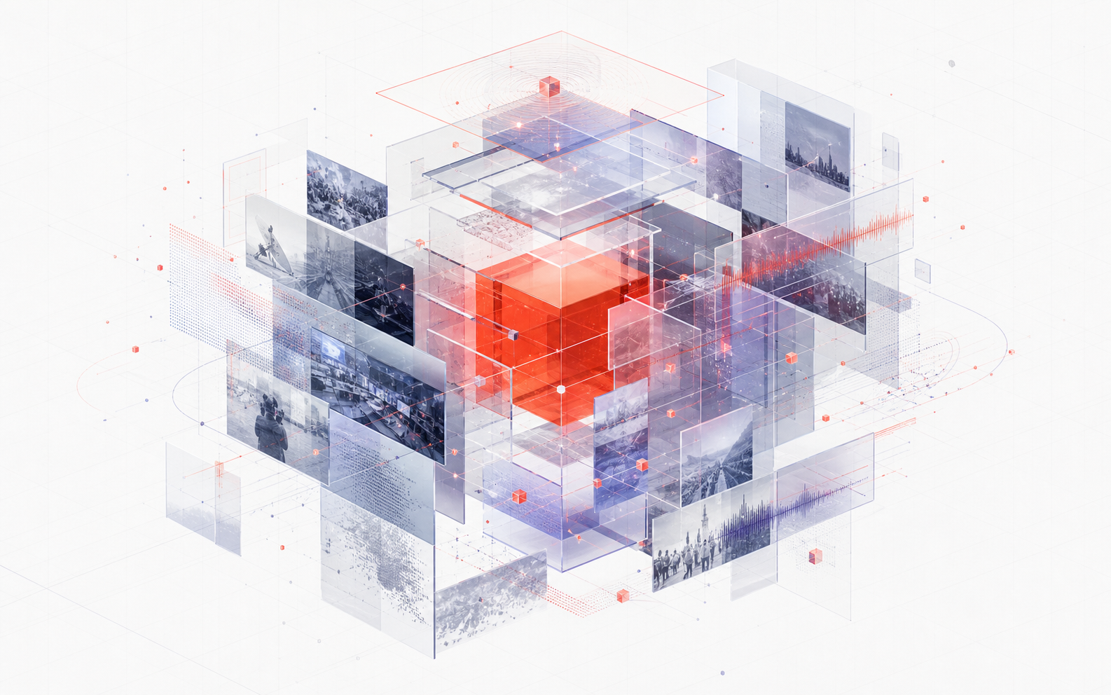 An editorial signal system made from layered translucent news imagery and a vivid coral data core.